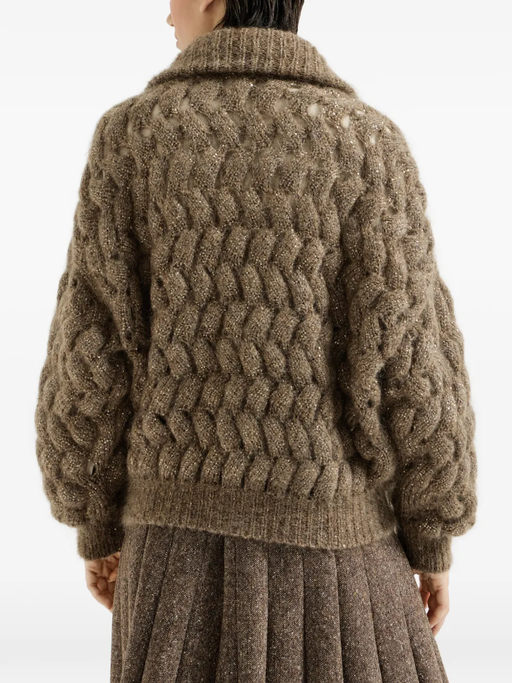 Brunello Cucinelli Mohair en wollen vest met zigzagkabels Bruin