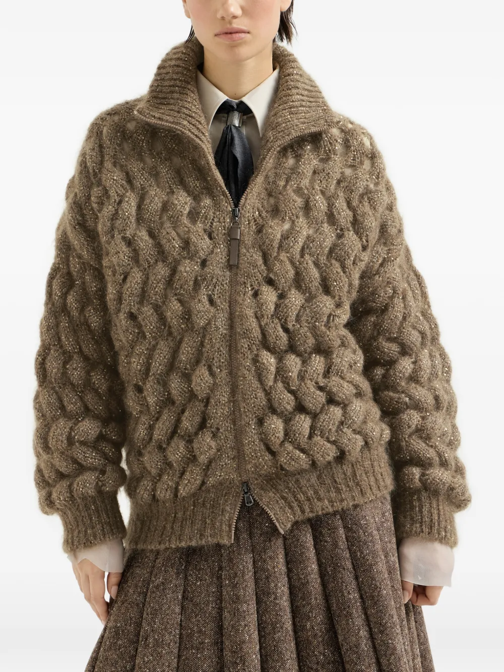 Brunello Cucinelli Mohair en wollen vest met zigzagkabels Bruin