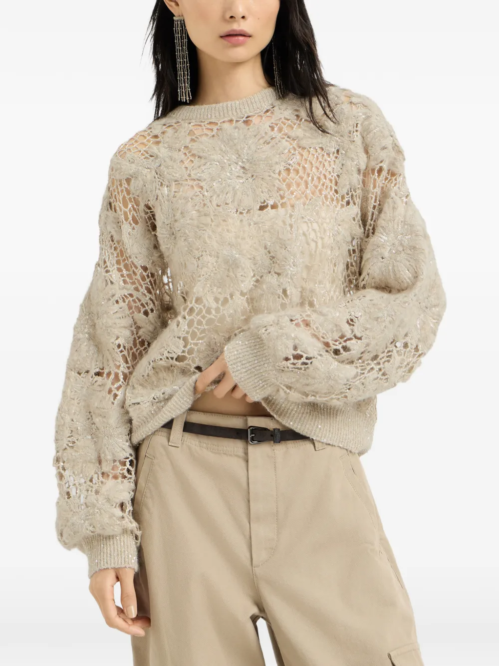 Brunello Cucinelli Whispering Bloom trui van sprankelend mohair en wol met borduurwerk Beige