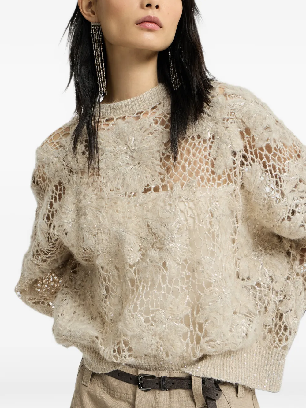 Brunello Cucinelli Whispering Bloom trui van sprankelend mohair en wol met borduurwerk Beige