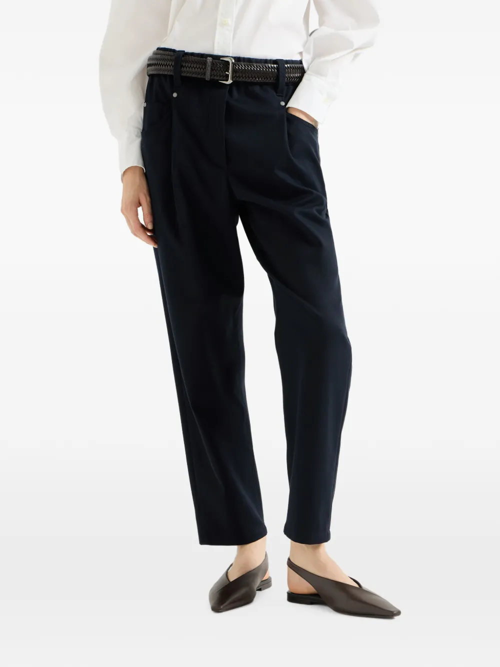 Brunello Cucinelli Stretch katoenen Cover Baggy pull-on broek met glanzende barack Blauw