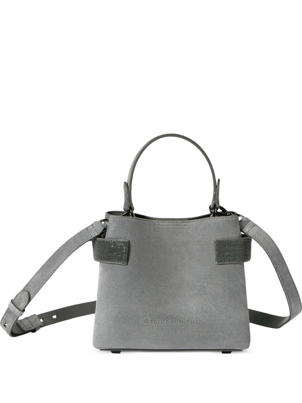 Brunello Cucinelli Essence small top-handle bag in suede with precious bands - Grau