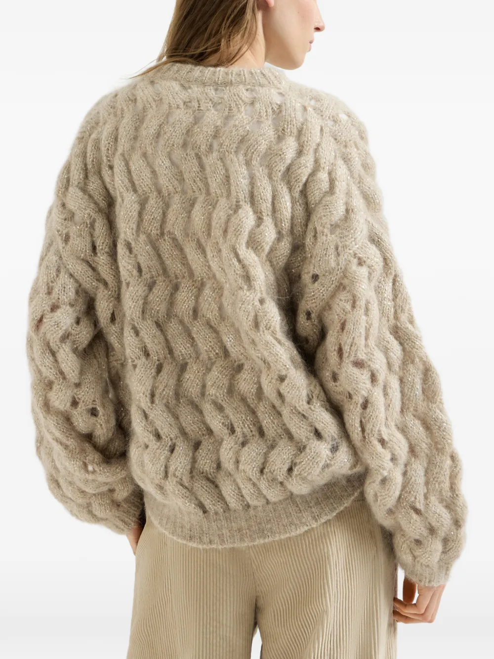 Brunello Cucinelli Mohair en wollen trui met zigzagkabels Beige