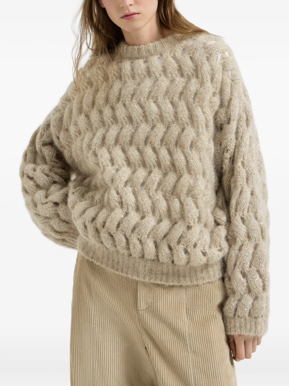 Brunello Cucinelli Mohair en wollen trui met zigzagkabels Beige