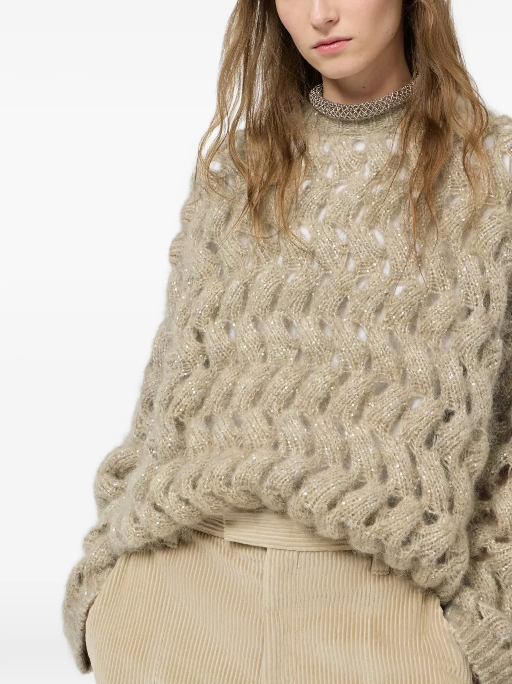 Brunello Cucinelli Mohair en wollen trui met zigzagkabels Beige