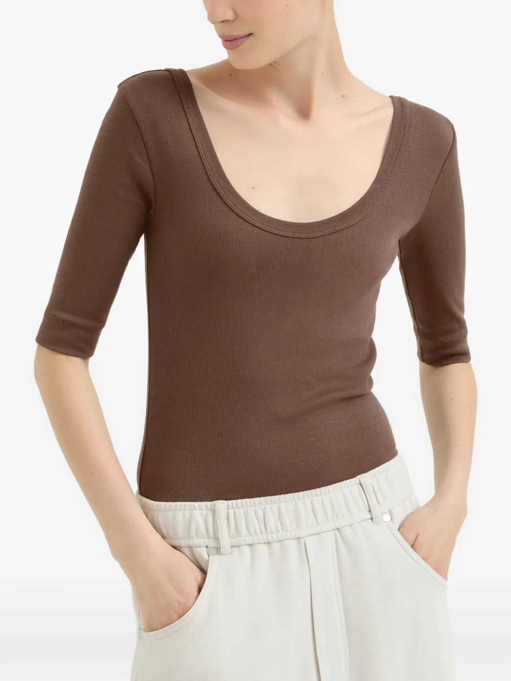 Brunello Cucinelli Stretch-katoenen geribbelde jersey top met Monili-verfraaiing Bruin