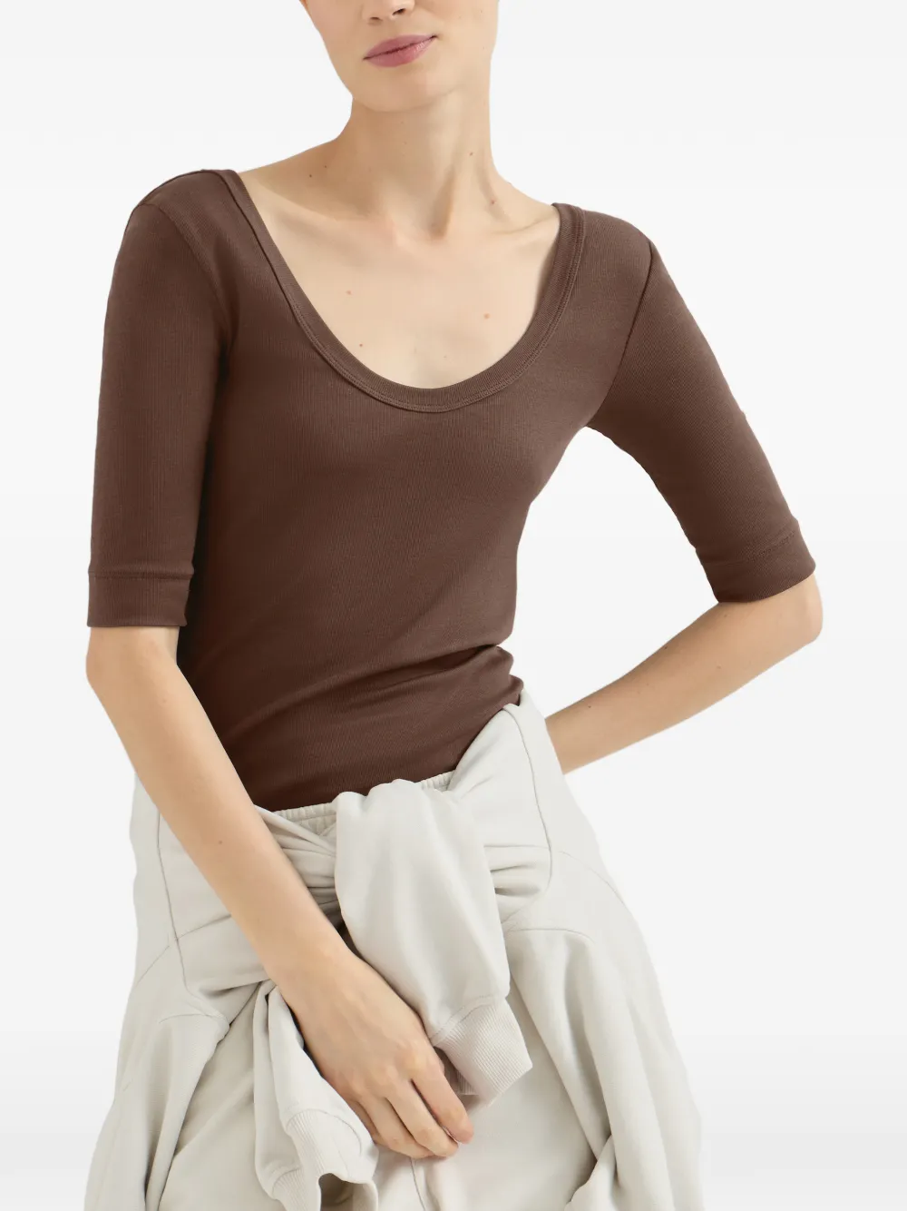 Brunello Cucinelli Stretch-katoenen geribbelde jersey top met Monili-verfraaiing Bruin