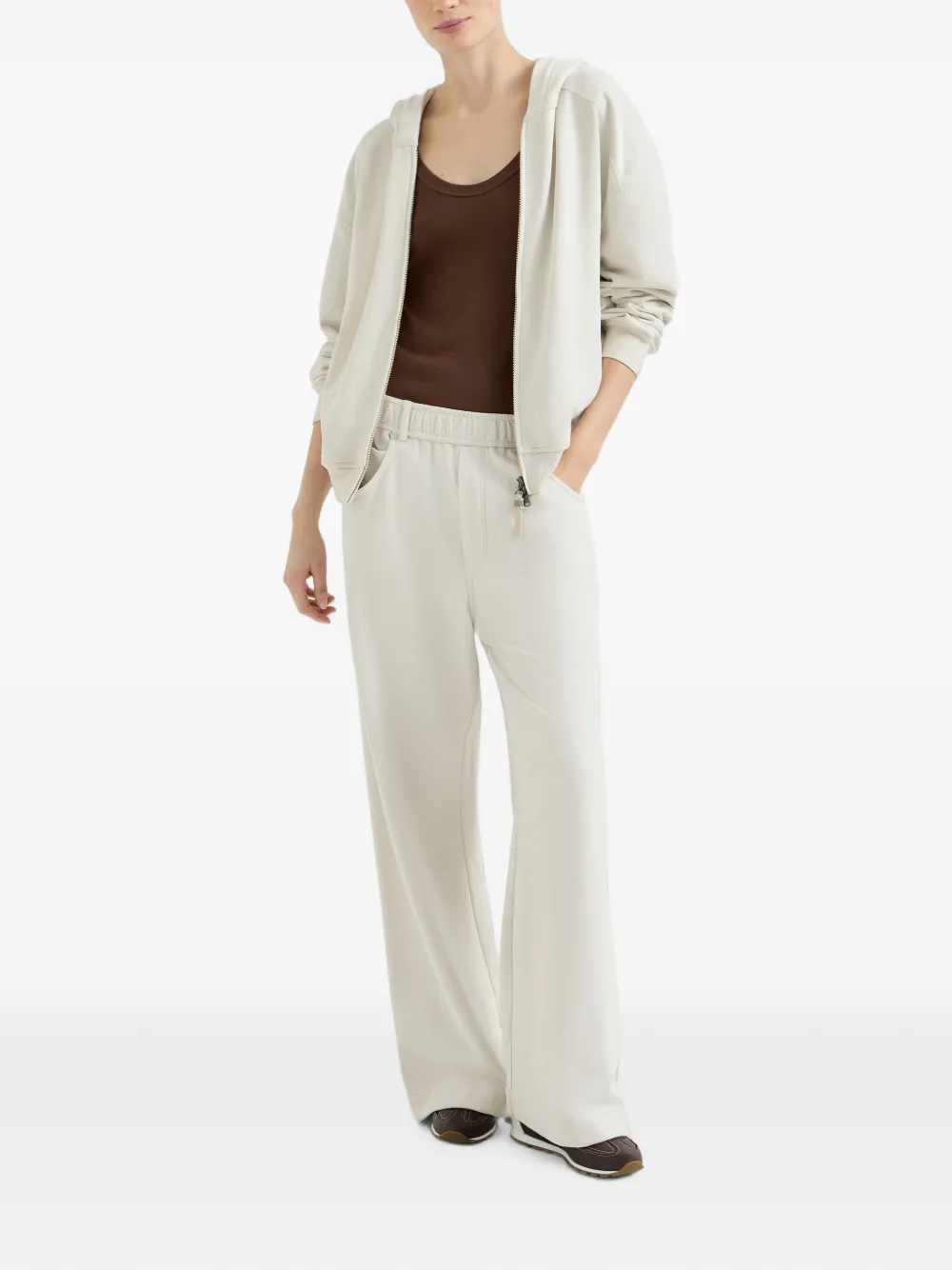 Brunello Cucinelli Stretch-katoenen geribbelde jersey top met Monili-verfraaiing Bruin