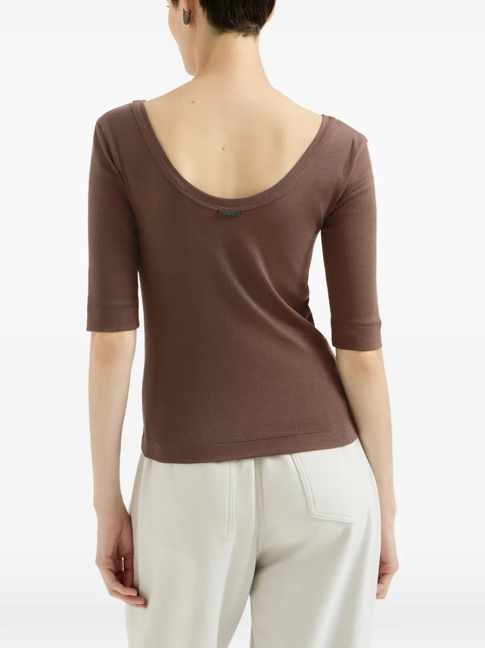 Brunello Cucinelli Stretch-katoenen geribbelde jersey top met Monili-verfraaiing Bruin