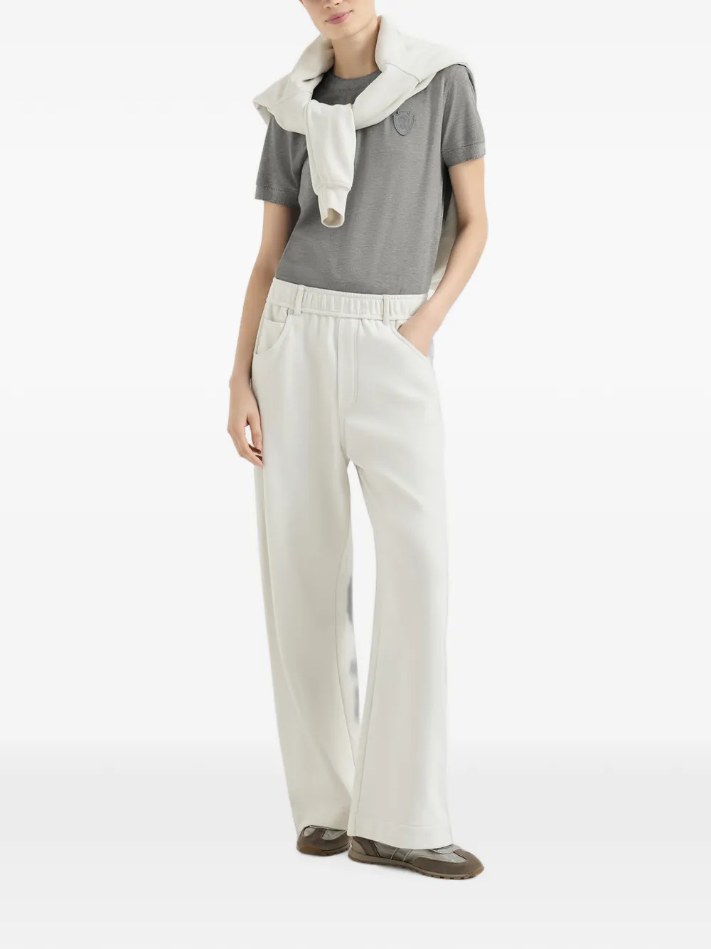 Brunello Cucinelli Piqué stretch-katoenen T-shirt met katoenen gebreide inzetstukken en logo Grijs
