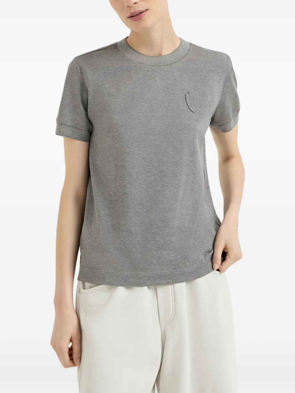 Brunello Cucinelli Piqué stretch-katoenen T-shirt met katoenen gebreide inzetstukken en logo Grijs