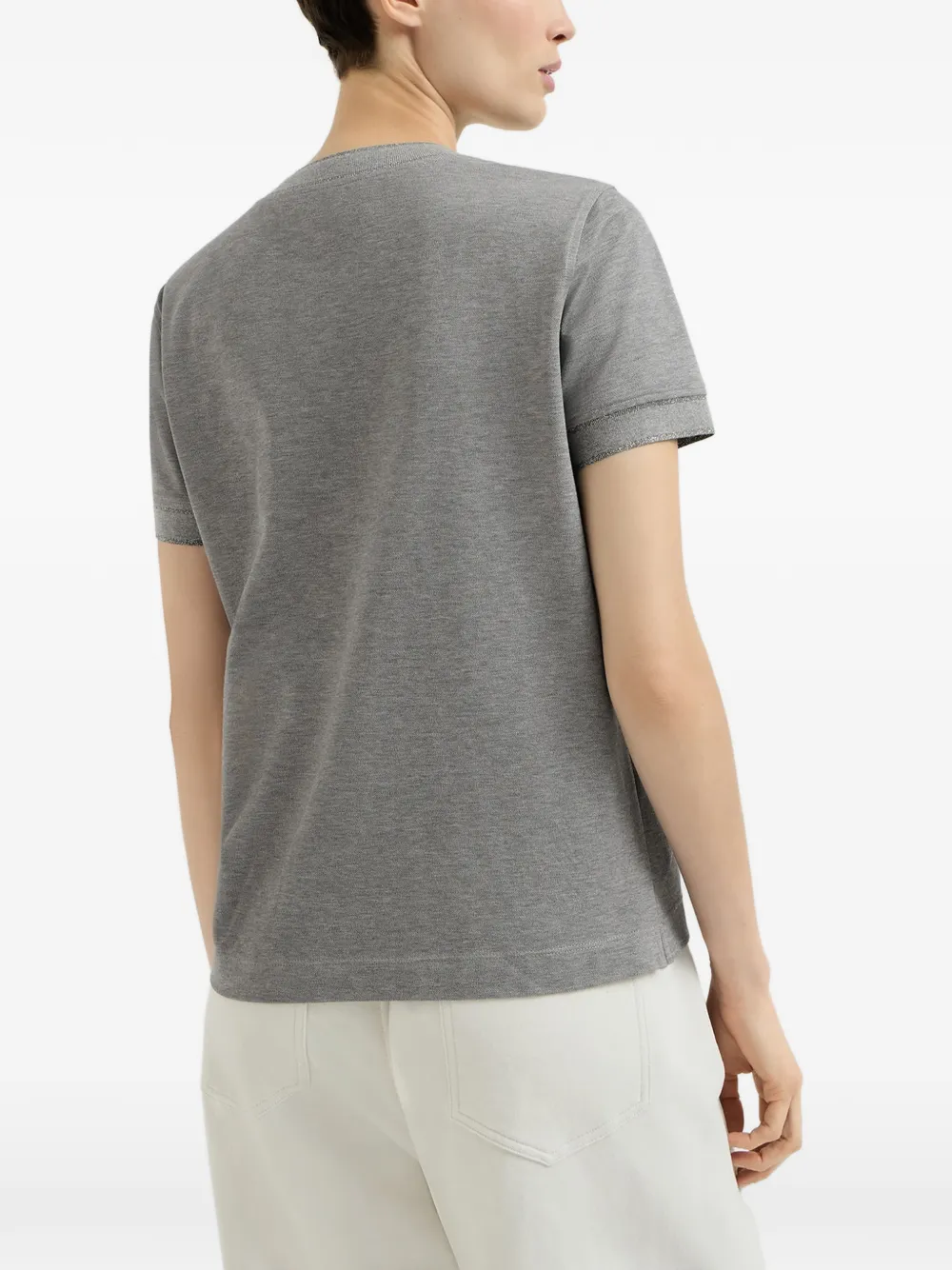 Brunello Cucinelli Piqué stretch-katoenen T-shirt met katoenen gebreide inzetstukken en logo Grijs