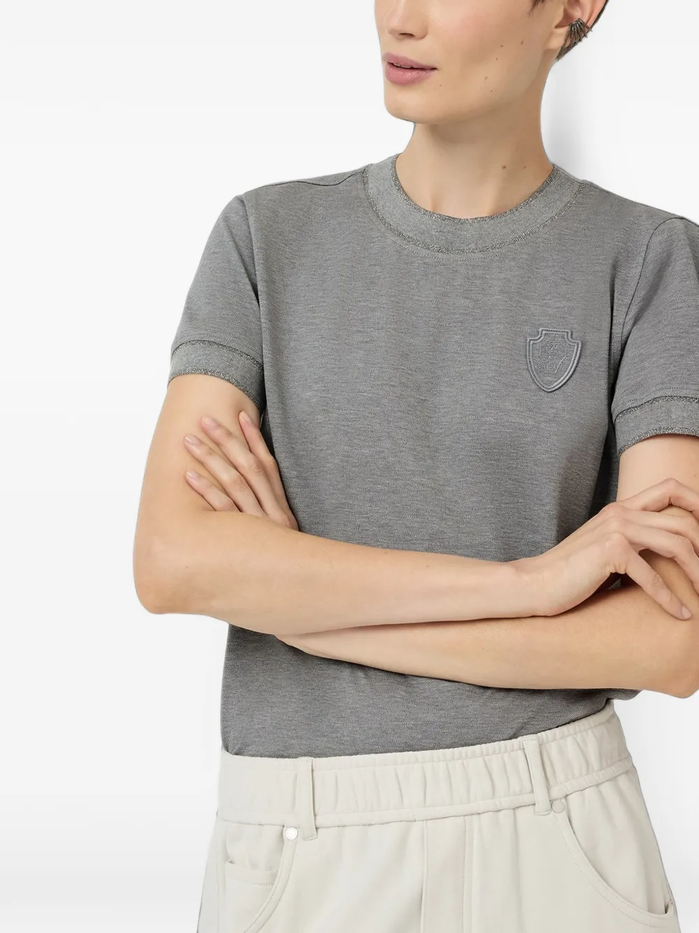 Brunello Cucinelli Piqué stretch-katoenen T-shirt met katoenen gebreide inzetstukken en logo Grijs