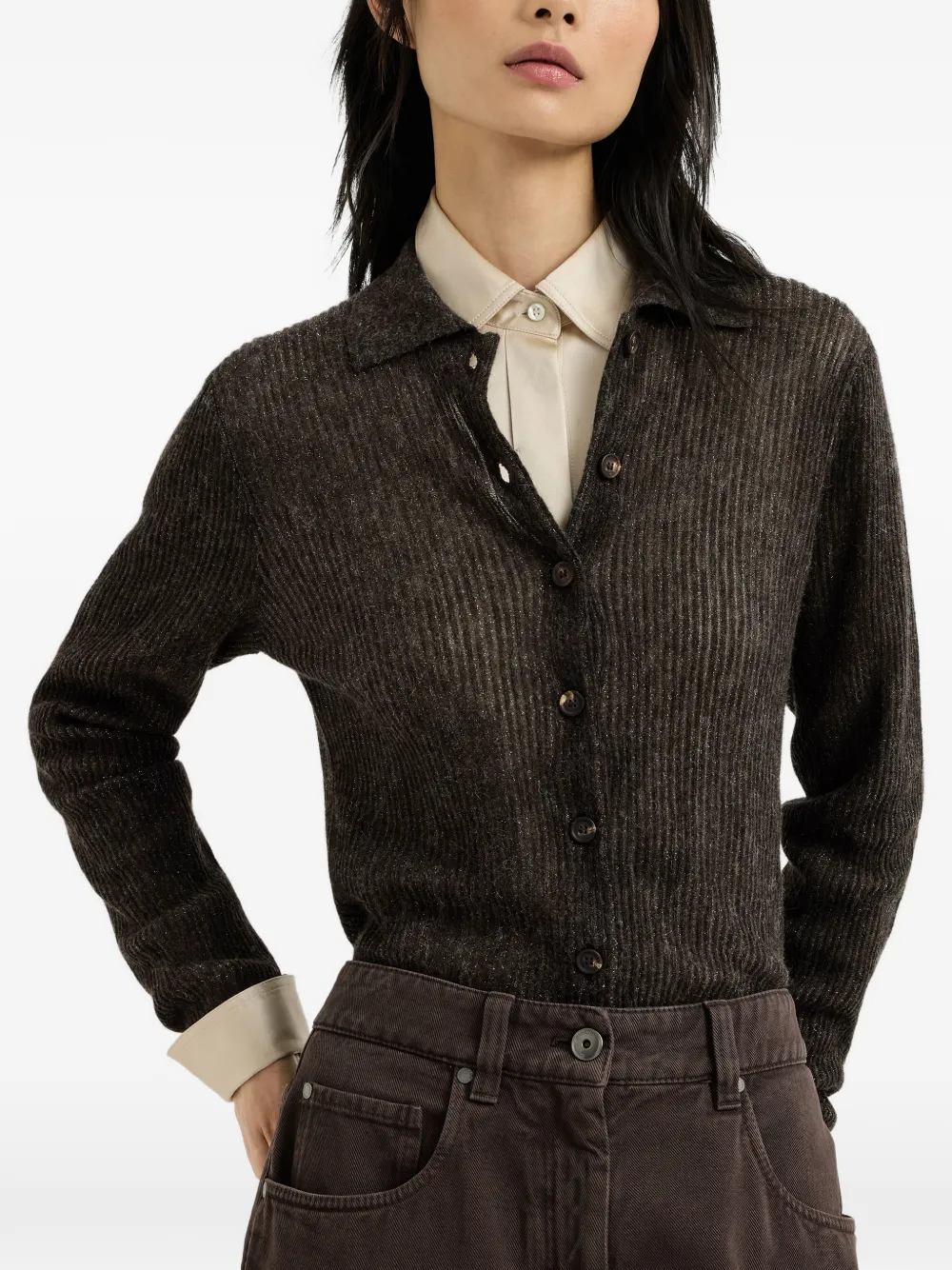 Brunello Cucinelli Zijden alpaca en wollen ribgebreid vest Bruin