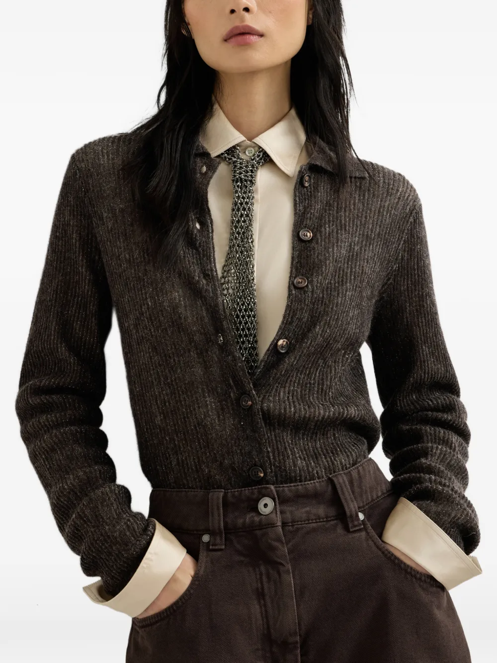 Brunello Cucinelli Zijden alpaca en wollen ribgebreid vest Bruin