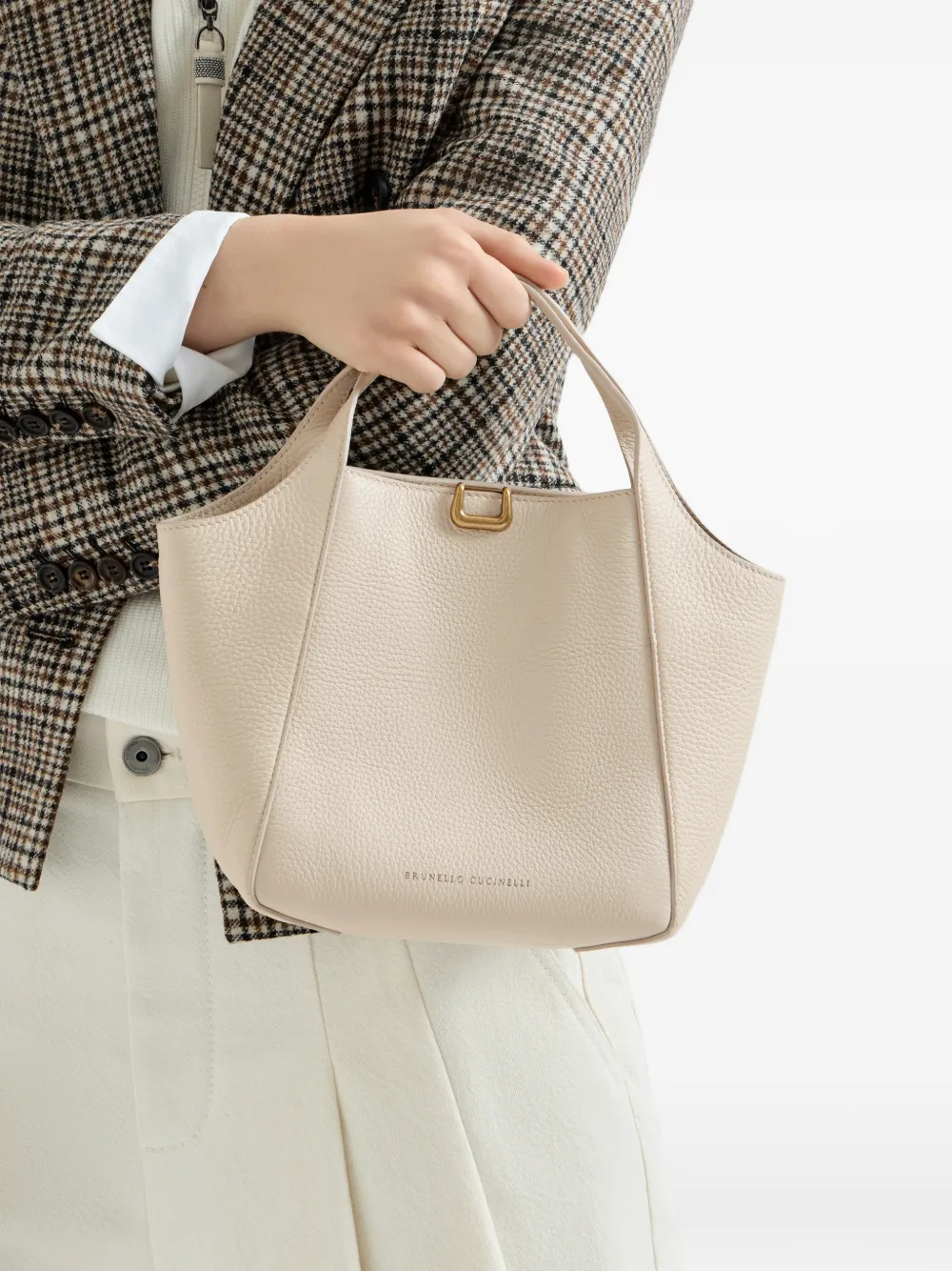 Brunello Cucinelli Sartorial kleine bucket-tas van zacht gekorreld leer Beige