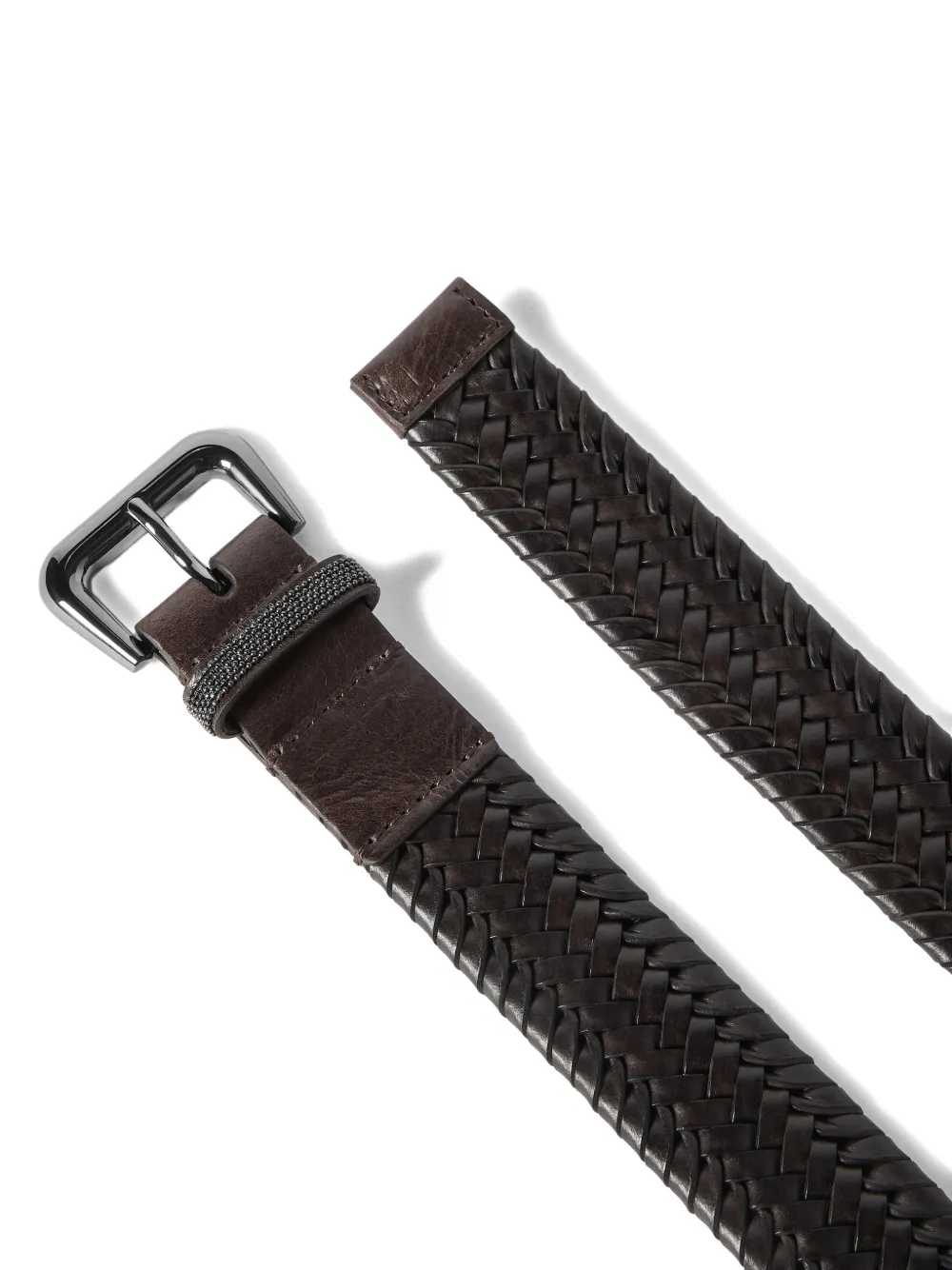 Brunello Cucinelli Stretch gevlochten leren riem met glanzende lus Bruin