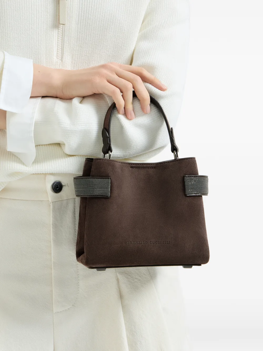 Brunello Cucinelli Suède shopper verfraaid met monili Bruin
