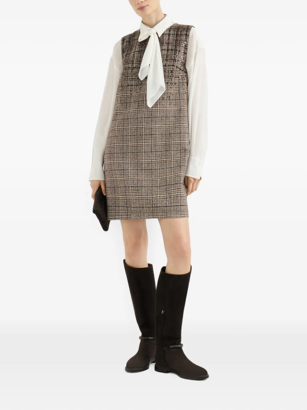 Brunello Cucinelli Geruite alpaca en wollen mini-jurk met Dazzling-borduurwerk Beige