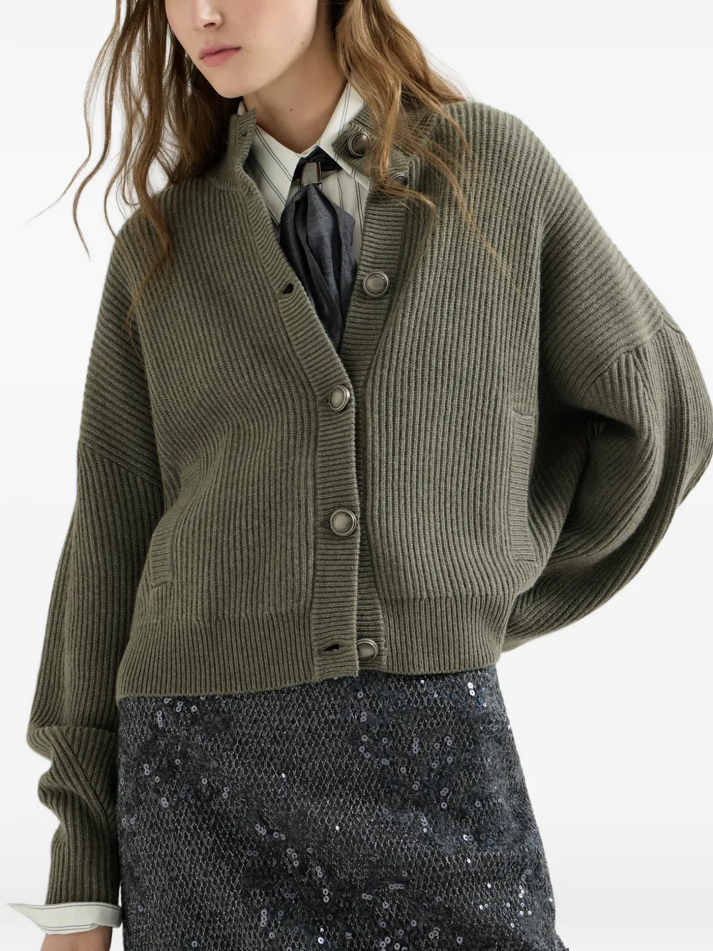 Brunello Cucinelli Engels ribgebreid kasjmier vest met monili Groen