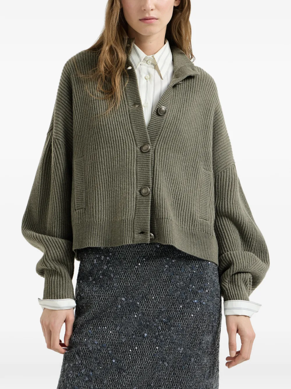 Brunello Cucinelli Engels ribgebreid kasjmier vest met monili Groen