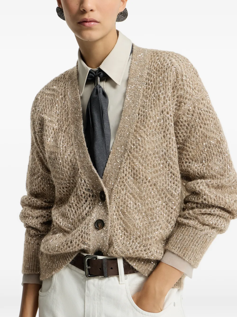 Brunello Cucinelli Mohair en wollen vest met abstract blad Beige