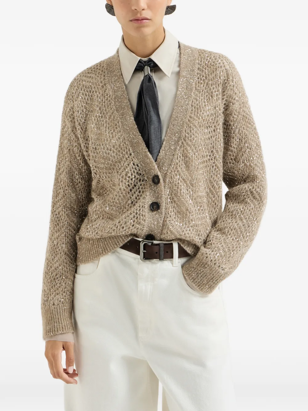Brunello Cucinelli Mohair en wollen vest met abstract blad Beige