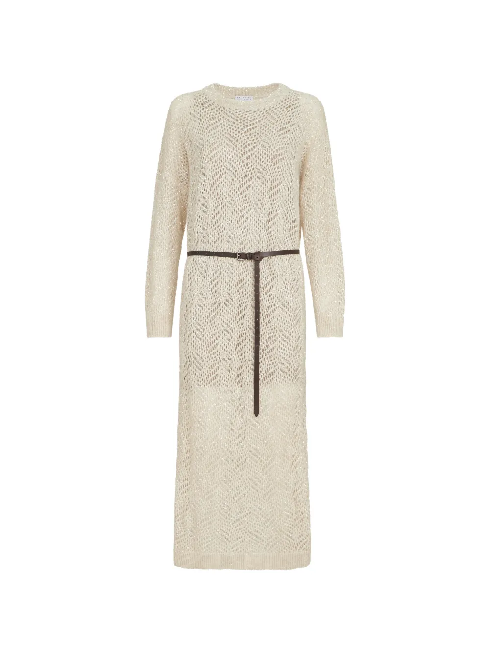 Brunello Cucinelli Strickkleid aus Mohair-Wollgemisch mit abstraktem Blättermuster und funkelnden Details - Nude