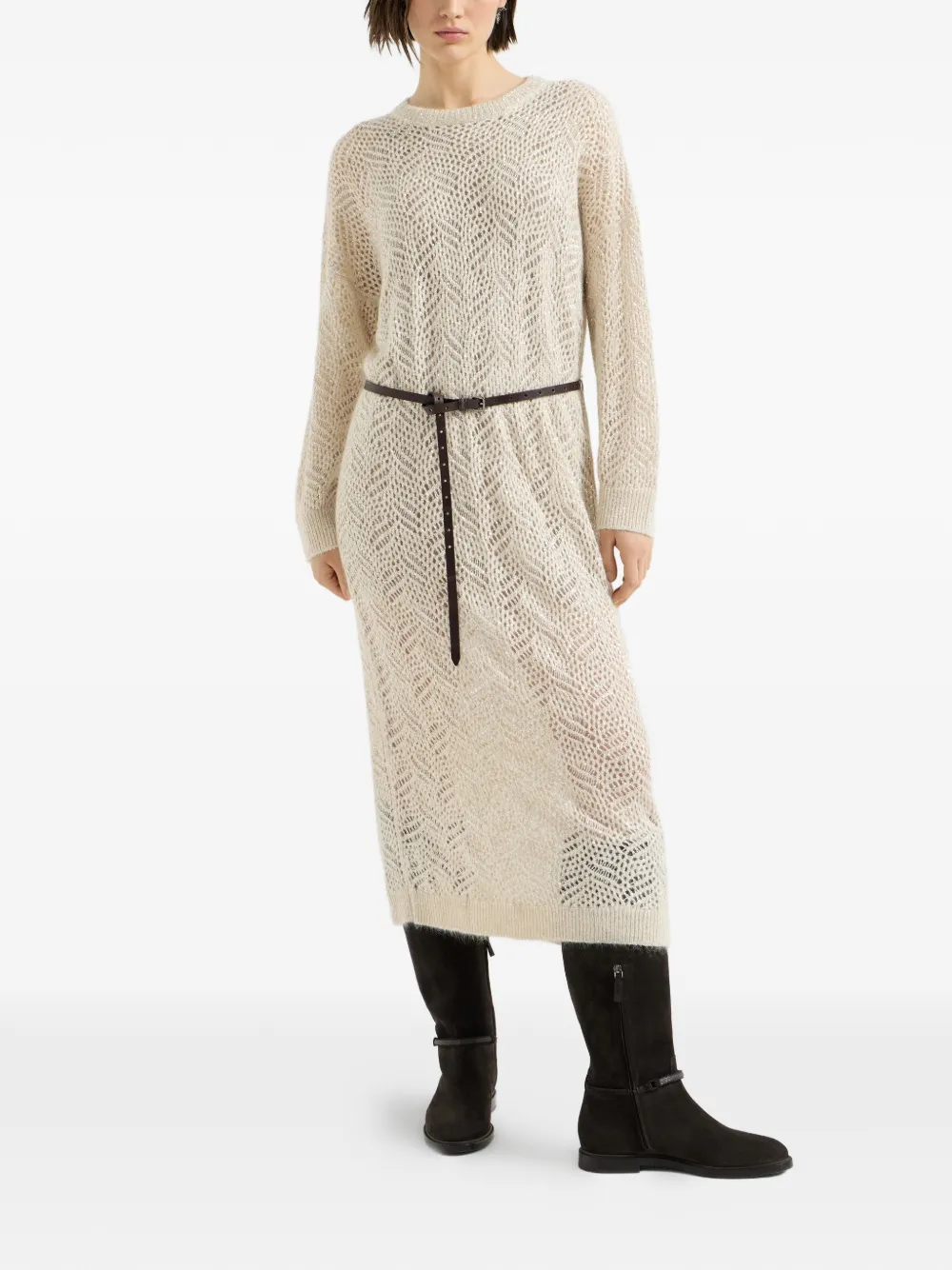 Brunello Cucinelli Mohair en wollen gebreide jurk met abstract blad Beige