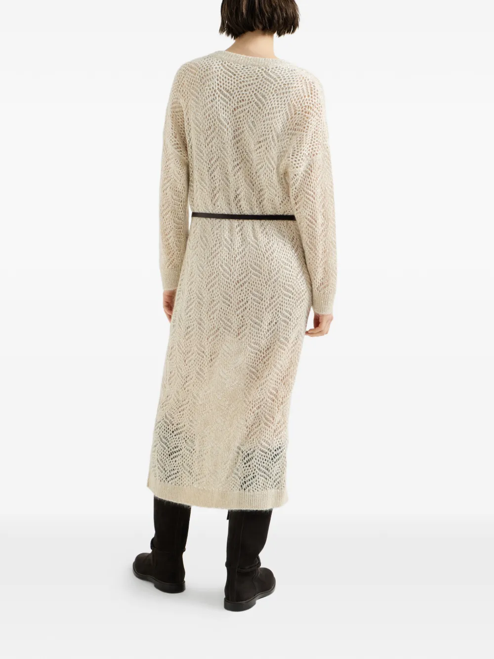 Brunello Cucinelli Mohair en wollen gebreide jurk met abstract blad Beige