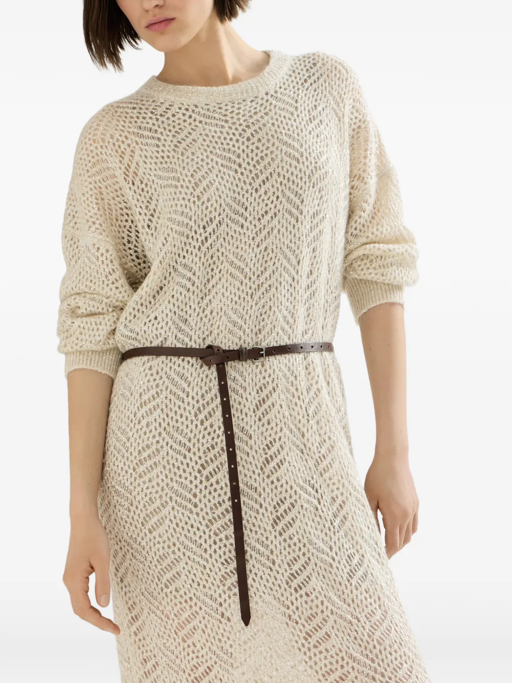 Brunello Cucinelli Mohair en wollen gebreide jurk met abstract blad Beige