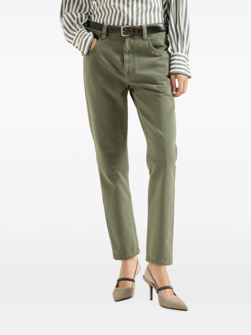 Brunello Cucinelli Denim straight broek met vijf zakken en glanzend detail Groen