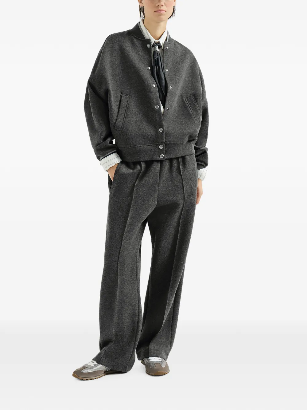 Brunello Cucinelli Techno cotton and cashmere interlock bomber jacket Grijs