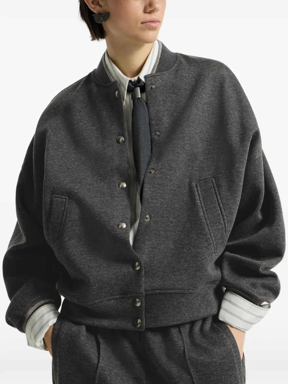 Brunello Cucinelli Techno cotton and cashmere interlock bomber jacket Grijs
