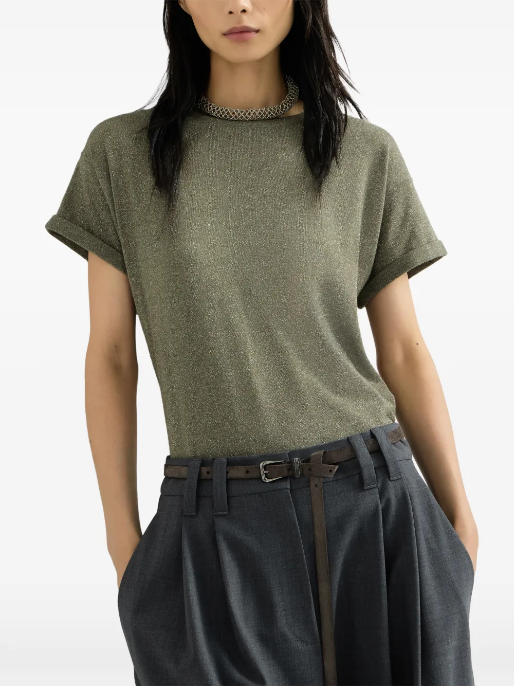 Brunello Cucinelli Lichtgewicht gebreid T-shirt van kasjmier en zijde Groen