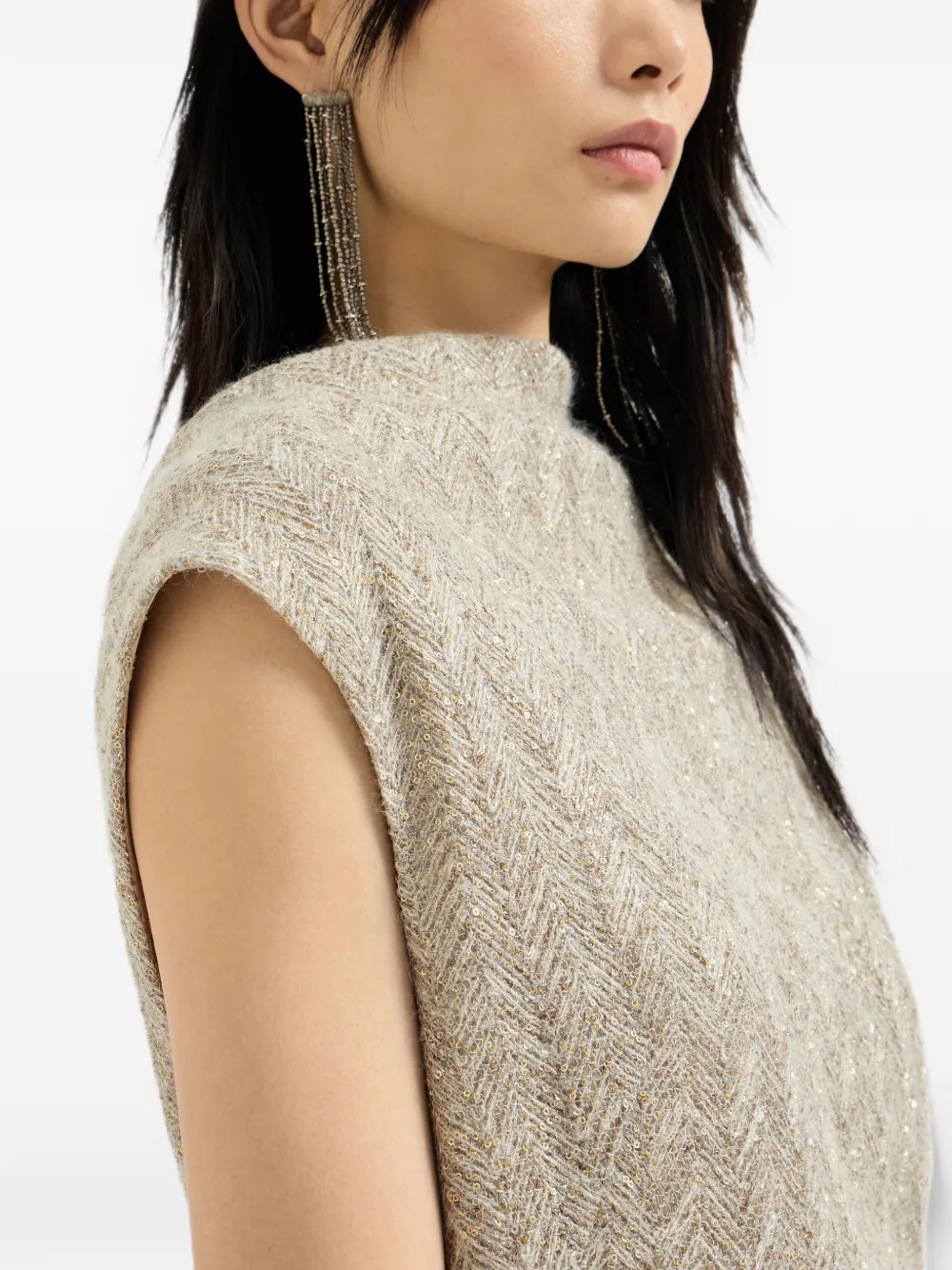 Brunello Cucinelli Schitterende jurk met chevron-borduurwerk van glanzend mohair en wol Beige