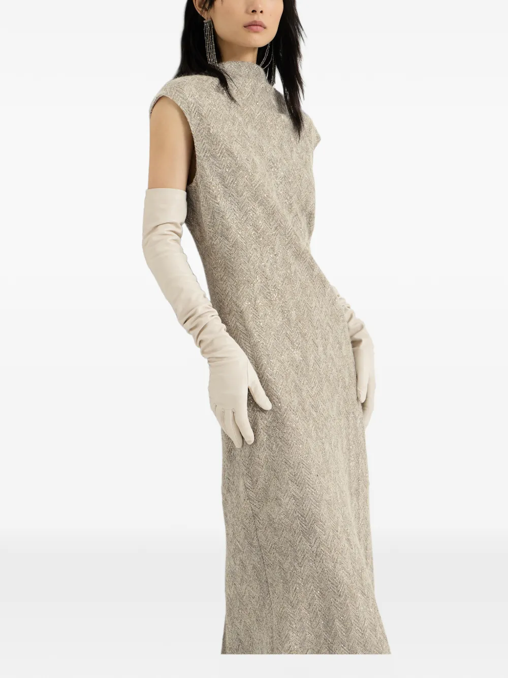 Brunello Cucinelli Schitterende jurk met chevron-borduurwerk van glanzend mohair en wol Beige