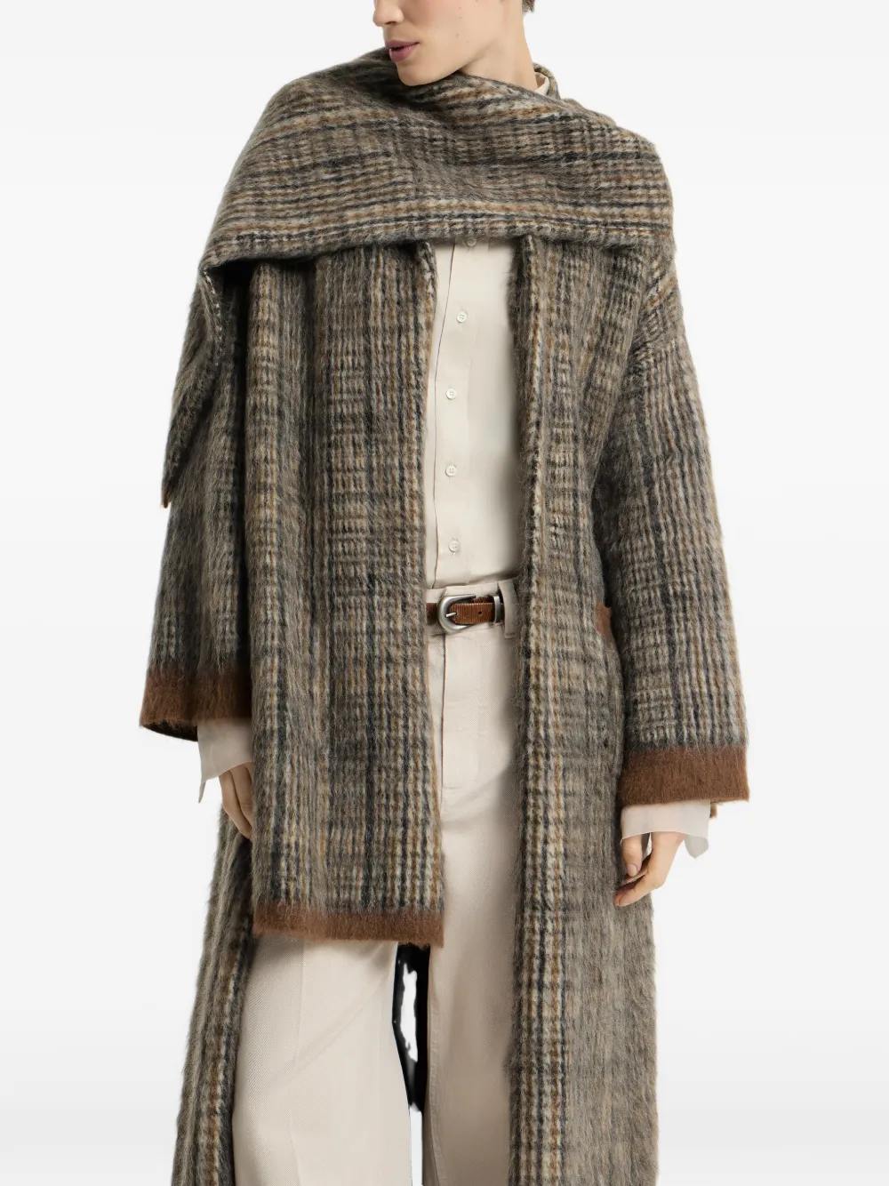 Brunello Cucinelli Prince-of-Wales dubbele gebreide mohair en wollen jas met sjaal Beige
