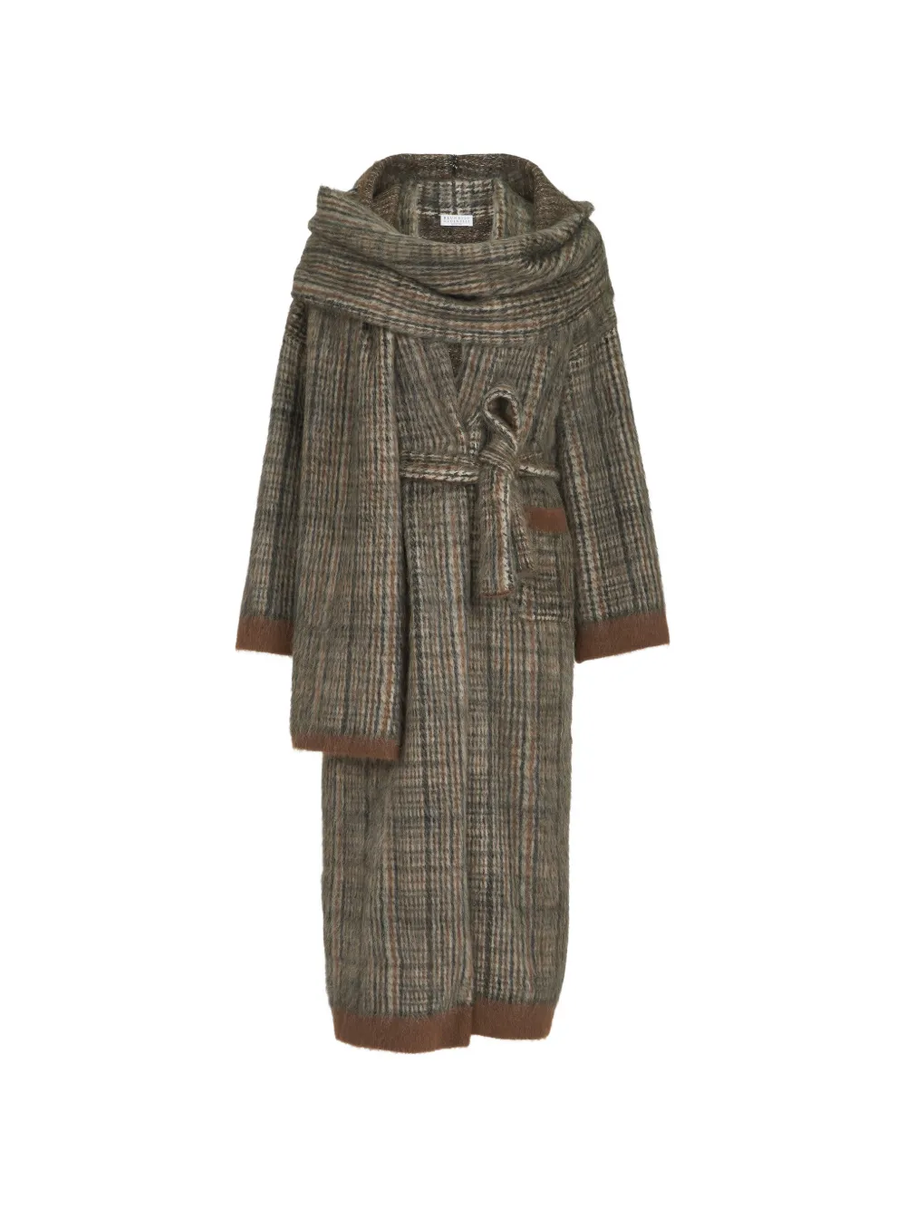 Brunello Cucinelli Mohair And Wool Prince-of-wales Double-knit Coat With Scarf In Neutral
