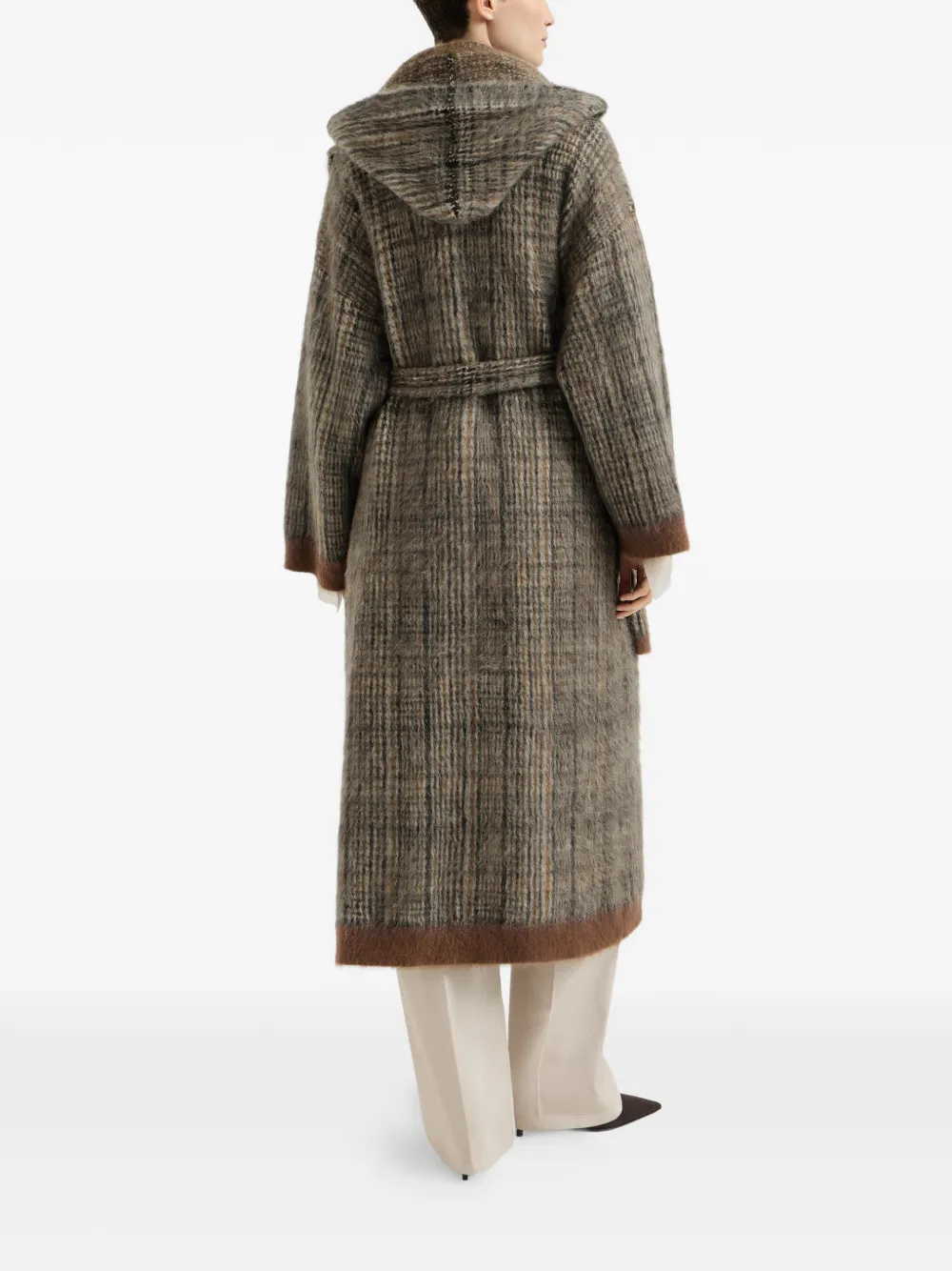 Brunello Cucinelli Prince-of-Wales dubbele gebreide mohair en wollen jas met sjaal Beige