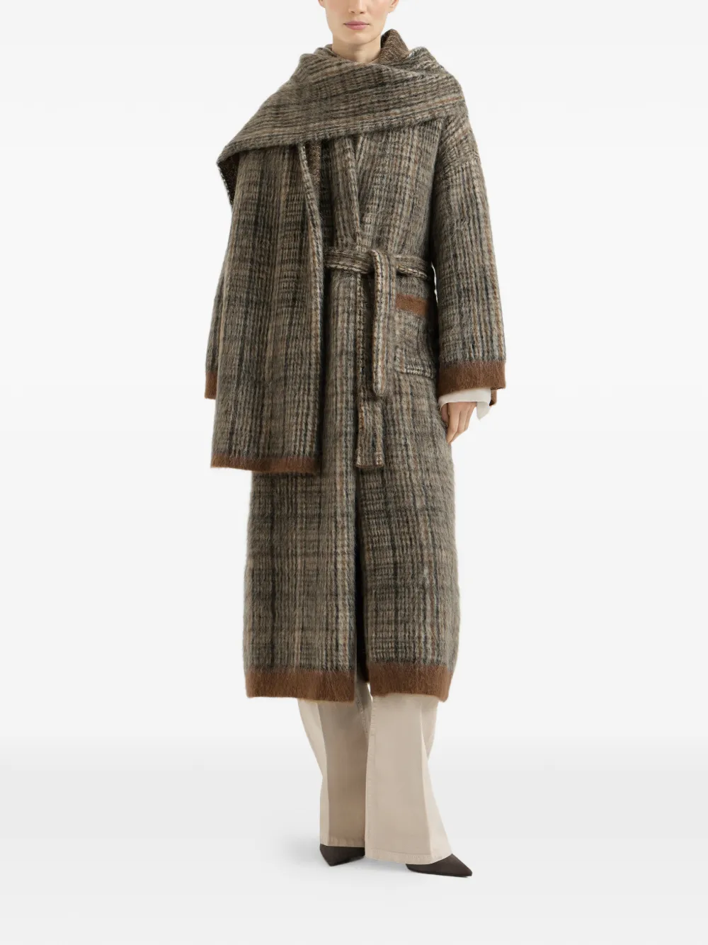 Brunello Cucinelli Prince-of-Wales dubbele gebreide mohair en wollen jas met sjaal Beige