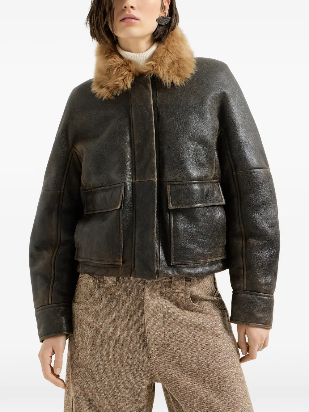 Brunello Cucinelli Lammy pilotenjack met monili Bruin