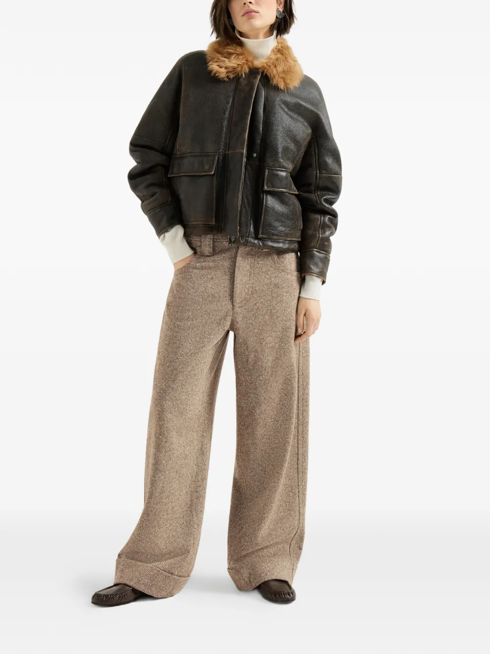 Brunello Cucinelli Lammy pilotenjack met monili Bruin