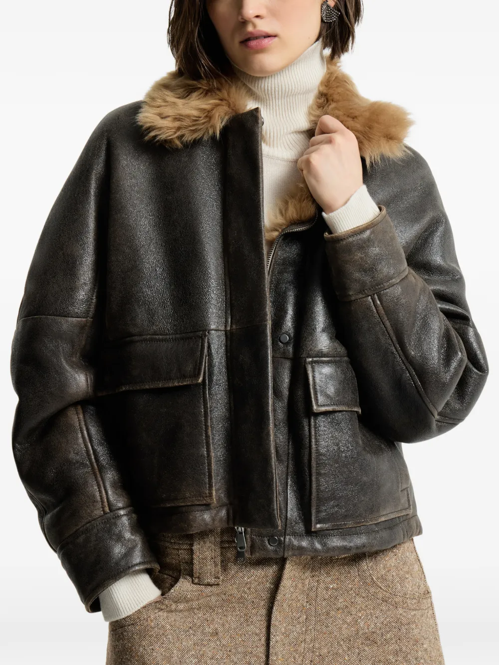 Brunello Cucinelli Lammy pilotenjack met monili Bruin