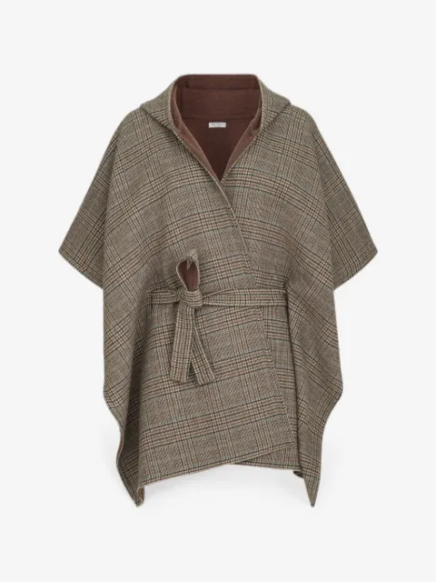 Brunello Cucinelli hand-crafted reversible hooded poncho in cashmere Prince of Wales double cloth