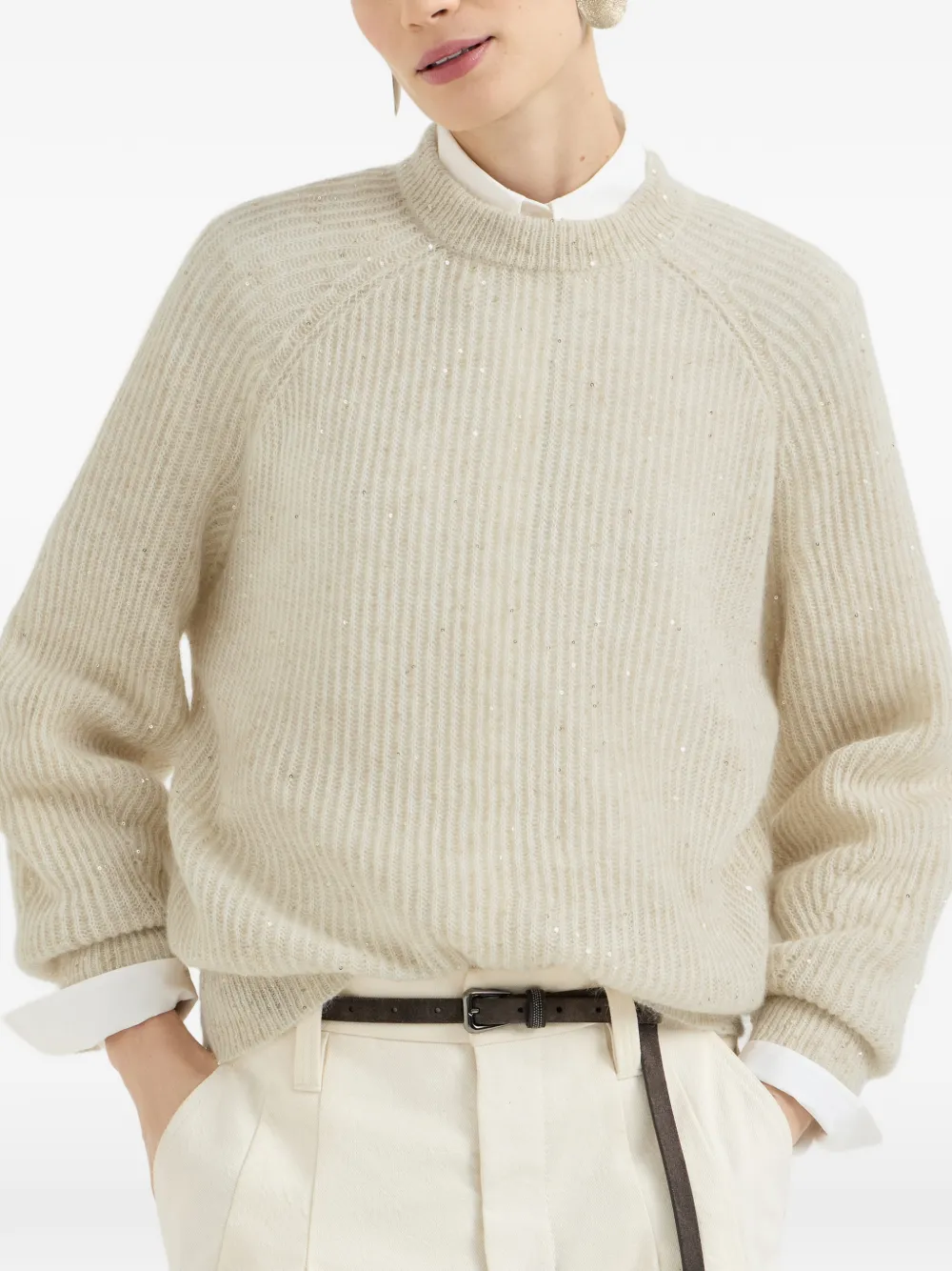 Brunello Cucinelli Mohair katoenen en wollen ribgebreide trui met diamantgaren Beige