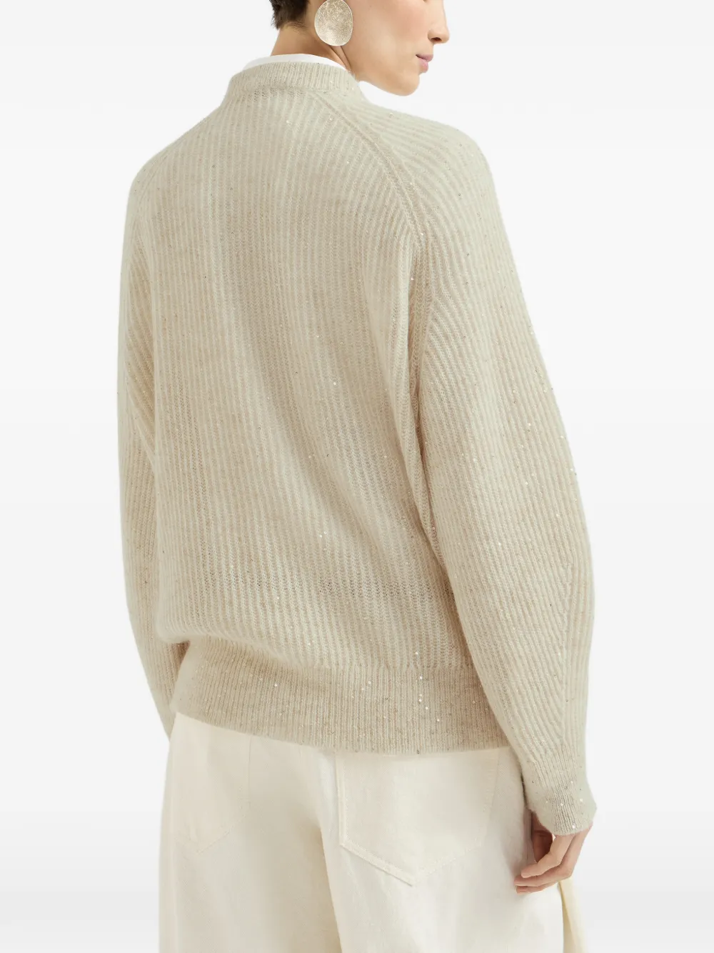 Brunello Cucinelli Mohair katoenen en wollen ribgebreide trui met diamantgaren Beige