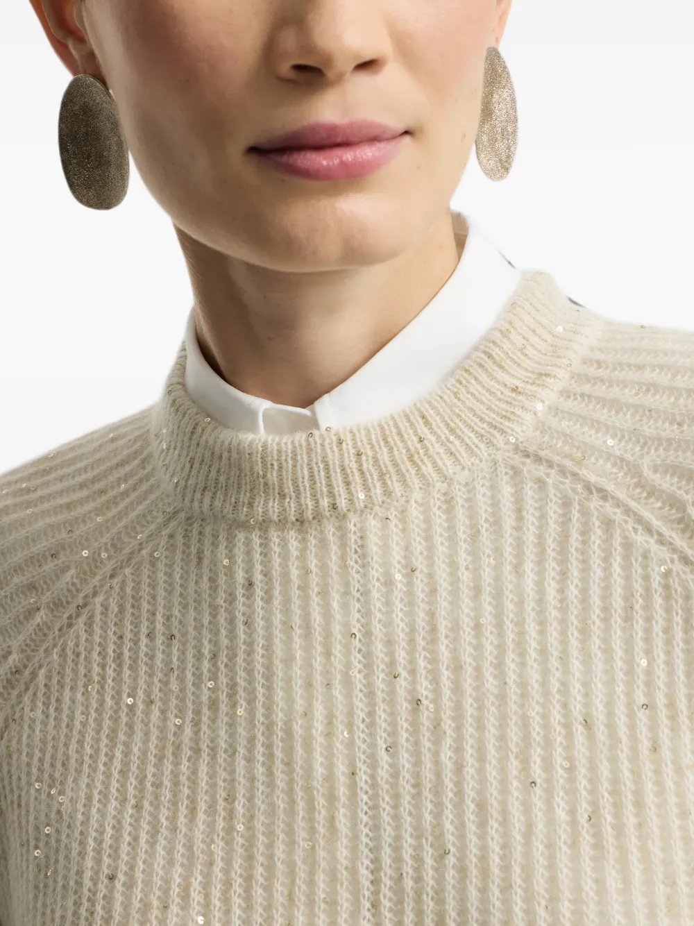 Brunello Cucinelli Mohair katoenen en wollen ribgebreide trui met diamantgaren Beige
