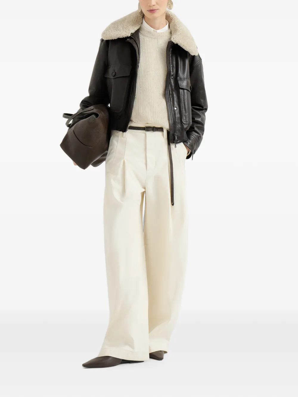 Brunello Cucinelli Mohair katoenen en wollen ribgebreide trui met diamantgaren Beige