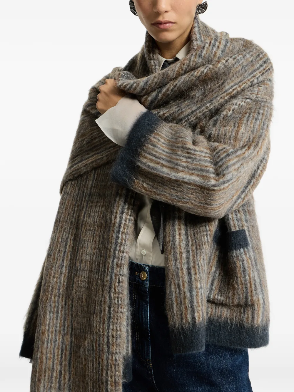 Brunello Cucinelli Prince of Wales mohair en wollen dubbel gebreid jack met sjaal Bruin